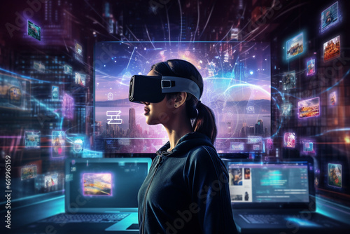 Internet Interface Concept: Person with Virtual Reality Headset Enters Cyberspace Internet Interface and Browses Through Web Content, Watches Video Streaming, Social Media
