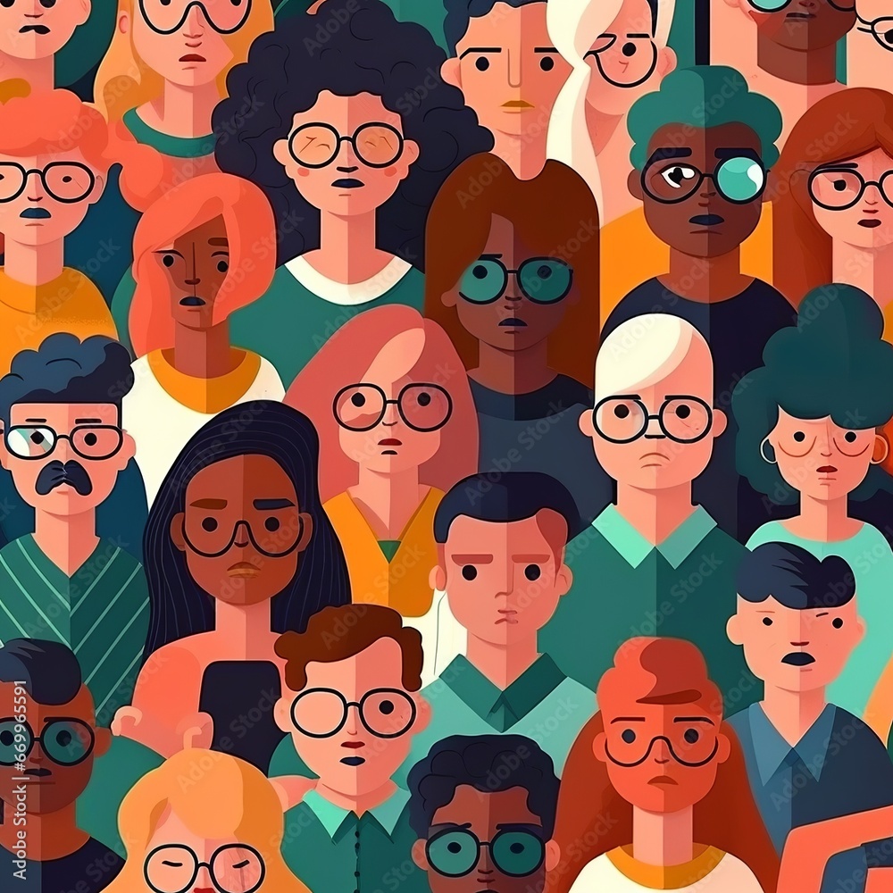 Diverse community seamless pattern illustration Colorful flat cartoon character background in trendy 90s style Young people texture print business team mosaic staff group wallpaper Generative AI Diverse community seamless pattern illustration Colorful flat cartoon character background in trendy 90s style Young people texture print business team mosaic staff group wallpaper Generative AI