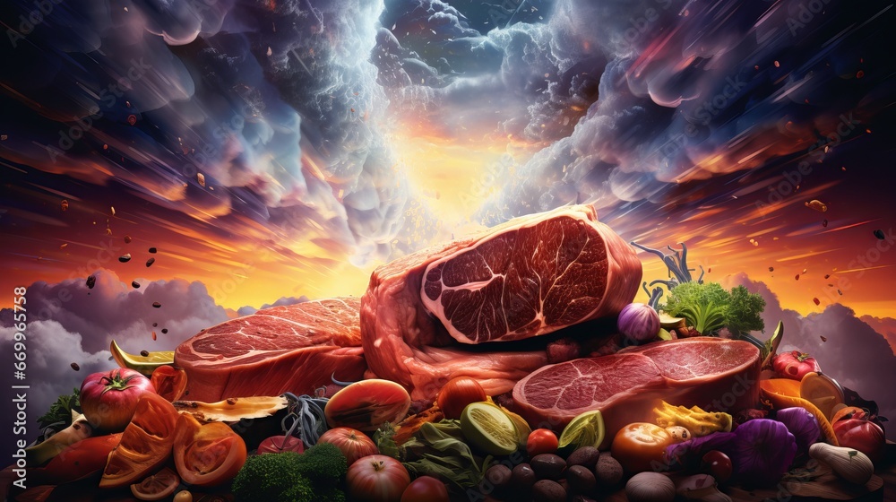 Crude meat, steak, veal filet, hamburger pork and sheep, lie on a cutting board in flavors, rosemary, thyme and marinade, foundation picture with duplicate space, beat see. concept of - obrazy, fototapety, plakaty 