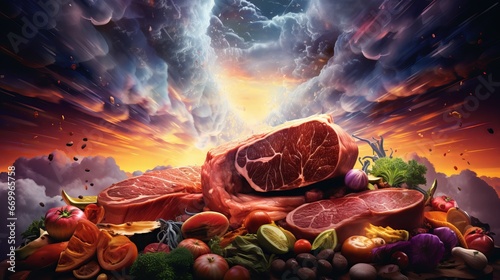 Crude meat, steak, veal filet, hamburger pork and sheep, lie on a cutting board in flavors, rosemary, thyme and marinade, foundation picture with duplicate space, beat see. concept of