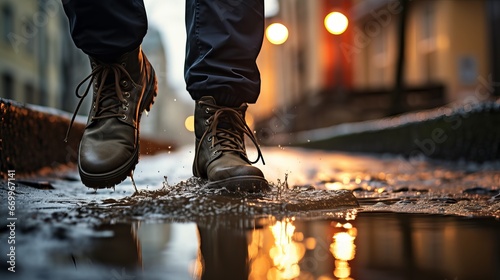 Feet in elastic boots rain puddle city