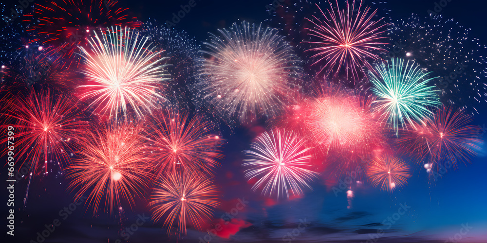Fototapeta premium Fireworks Spectacular. Vibrant Fireworks Lighting up the Night Sky