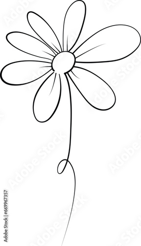 A delicate daisy flower with graceful petals and a bright yellow center. The stem is slender and the leaves are small and heart-shaped. The line art is simple and elegant. 