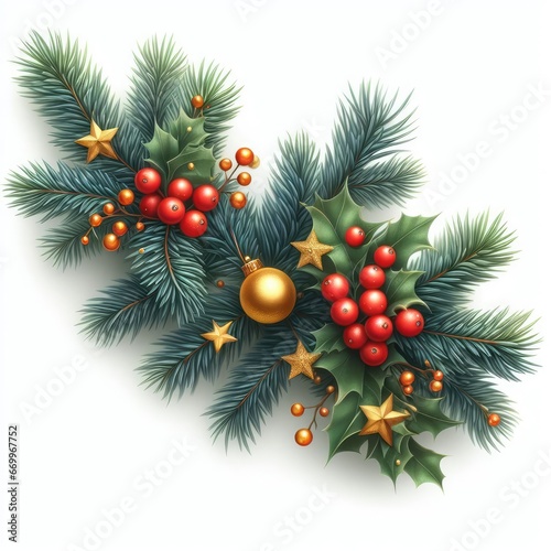 christmas tree branch with balls isolated white