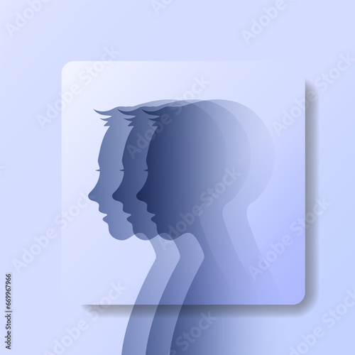 Bipolar mental disorder, two-faced, split personality.
 Conceptual mood disorder. Psychological illness, double personality concept,
 2 silhouettes of the head.