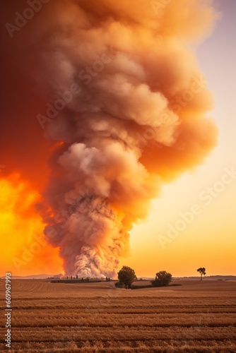 a tornado fire explosion appears over an open field, orange and dark beige Mediterranean landscapes colourful explosions