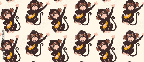 Seamless pattern with monkeys in flat style. Vector background with cute monkey characters with banana in hand. 