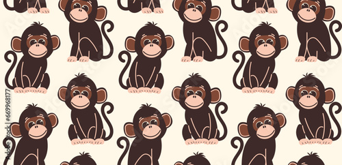 Seamless pattern with monkeys in flat style. Vector background with cute monkey characters in a sitting pose. 