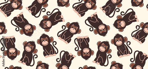 Seamless pattern with monkeys in flat style. Vector background with cute monkey characters. Abstract background.