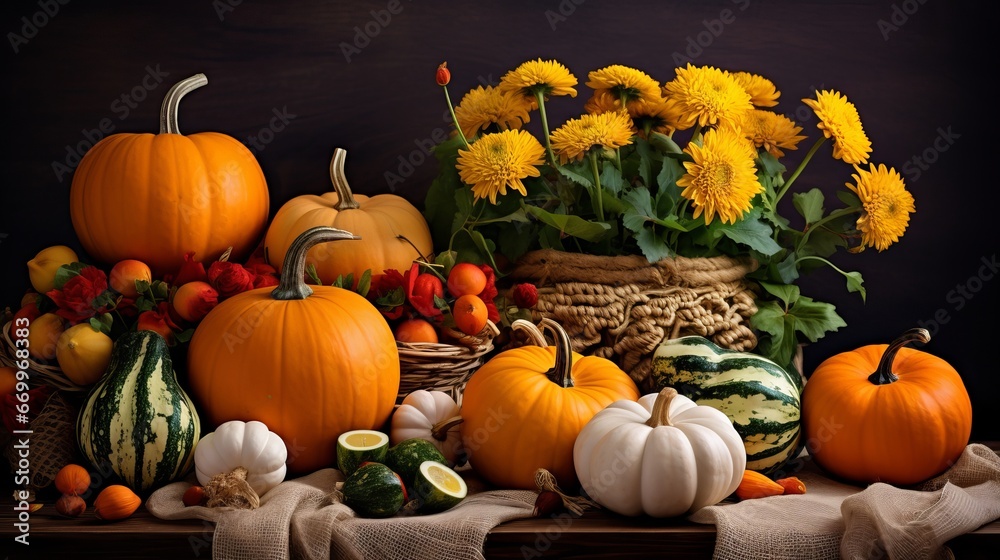 Harvest time table setting with pumpkins. Thanksgiving supper and harvest time beautification Harvest time table setting with pumpkins. Thanksgiving supper and harvest time beautification