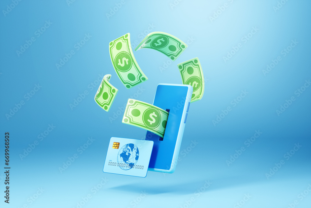 I fly banknotes and dollars into my smartphone and end up on my bank card. Concept of internet banking, electronic payments, online shopping, money transfers. Copy space, 3D illustration, 3D render.