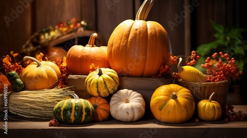 Harvest time table setting with pumpkins. Thanksgiving supper and harvest time beautification photo