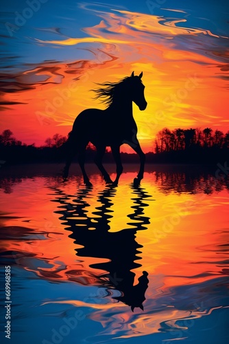 Horse silhouette galloping on the water on an orange sunset 