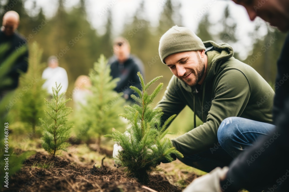 Volunteering. Young people volunteers outdoors reforestation. Man and woman planting trees in the forest or working in community garden. Volunteering. Young people volunteers outdoors reforestation. Man and woman planting trees in the forest or working in community garden.