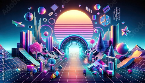 Retrofuturistic 3D trendy collection. Trendy elements in vaporwave style from 80s 90s. Old wave cyberpunk concept. Shapes design elements for disco genre, retro party. Neon glitch shapes. Nostalgia