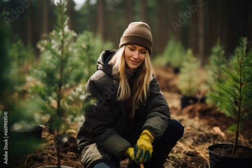 Volunteering. Young people volunteers outdoors reforestation. Man and woman planting trees in the forest or working in community garden.