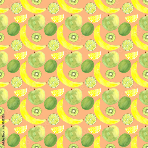 banana kiwi apple lime lemon seamless patterns with fruits. Trendy abstract design. Hand drawn textures for printing on fabric  paper  cover  interior decor  posters.
