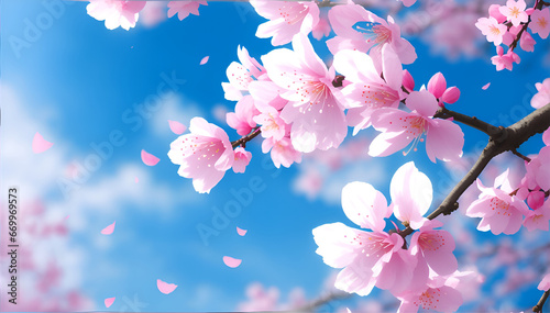 This painting depicts a cherry blossom tree in full bloom. The tree is tall and has a large, spreading canopy. The petals are a vibrant pink color photo