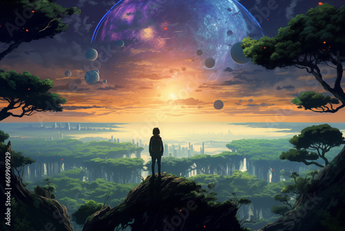 Anime Lofi Dreamscape: Silhouetted Man at Sunrise Over a Futuristic Jungle with Planets and Spaceships in a Fantasy World of Lofi Colors and Anime Style  © AbstractHeisenberg