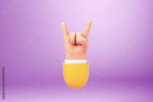 A cartoon image of a human hand showing the Rock and Roll sign on a purple background. Concept music, anarchy, protest, disagreement. Copy space, 3D illustration, 3D render. photo