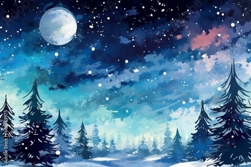 Abstract night winter background with watercolor Christmas theme. Generative AI
