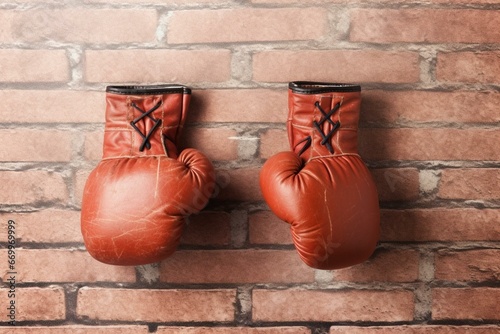 Vintage boxing gloves on brick wall with space for text. Generative AI © Eudora