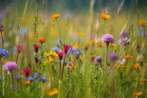Close-up view of colorful spring wildflowers in the meadow. Generative AI © Stevie