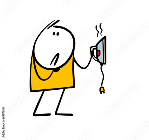 Confused stickman child holds electric ironing device in hand. Broken iron, steam is coming. Vector illustration of failed housework assistant. Cartoon character isolated on white background.