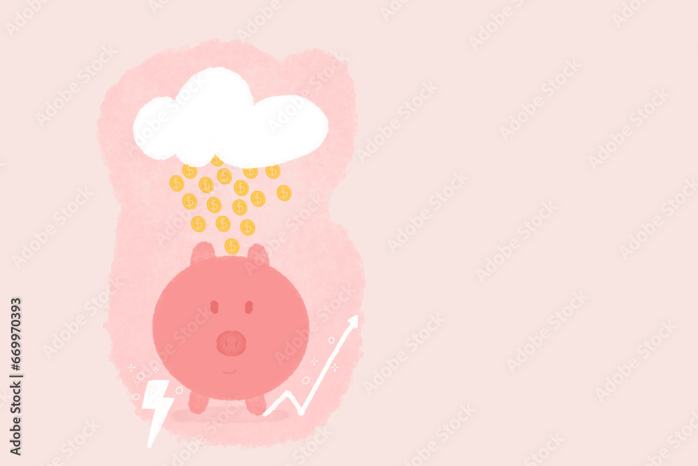 Piggy bank under gold coins falling from clouds against pink background Piggy bank under gold coins falling from clouds against pink background
