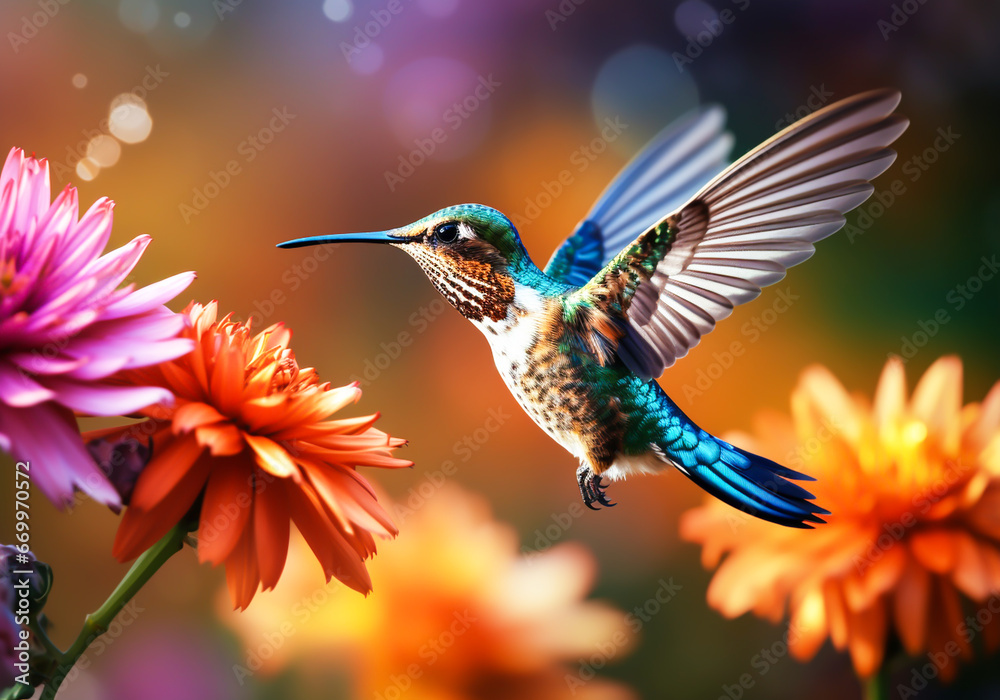 Hummingbird flying in the air next to a flower. AI generative