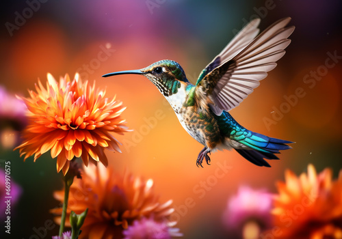 Hummingbird flying in the air next to a flower. AI generative