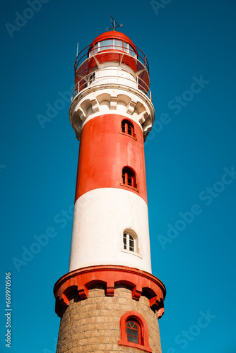 The Swakopmund Lighthouse, Swakopmund, Namibia. Built in 1902 and standing at 28 meters since 1911, it is still operational today and remains one of the city's most recognizable landmarks.