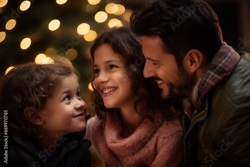 Christmas Eve family portrait, very happy, smiling family, decorated Christmas trees blurred in background.