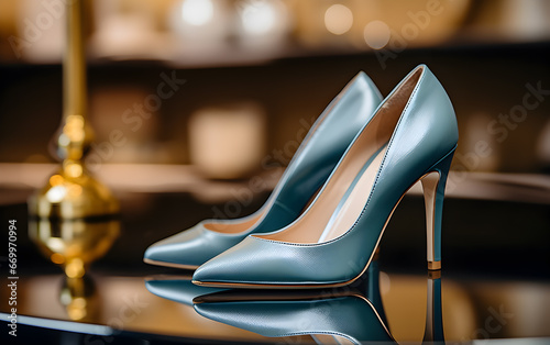 Elegant blue high heels positioned on a glossy surface with decorative background elements. A representation of timeless fashion and sophistication.