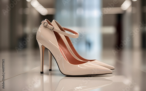 Elegant blush high heels positioned on a glossy surface with decorative background elements. A representation of timeless fashion and sophistication. © Jan