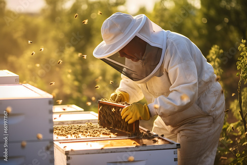 Honey Harvest. Beekeeper Collecting Honey from Hive Frames