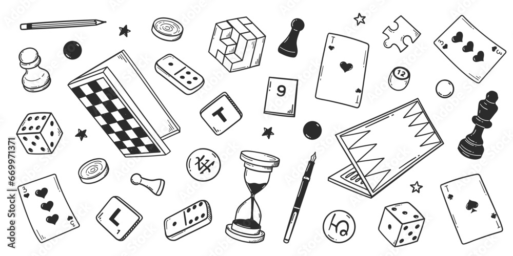 set of hand-drawn board games. sketch doodle of chess, checkers, go, dominoes, playing cards, scrabble, backgammon isolated on background. set of hand-drawn board games. sketch doodle of chess, checkers, go, dominoes, playing cards, scrabble, backgammon isolated on background.