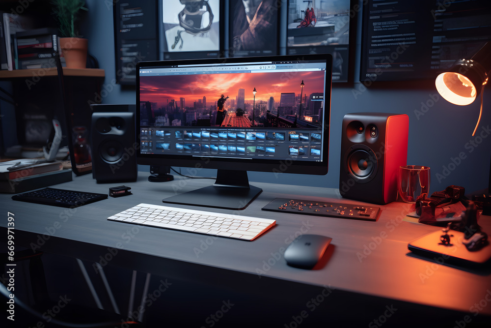 Home Office Setup. A Stylish and Comfortable Workspace with a Laptop and Desk Accessories Home Office Setup. A Stylish and Comfortable Workspace with a Laptop and Desk Accessories