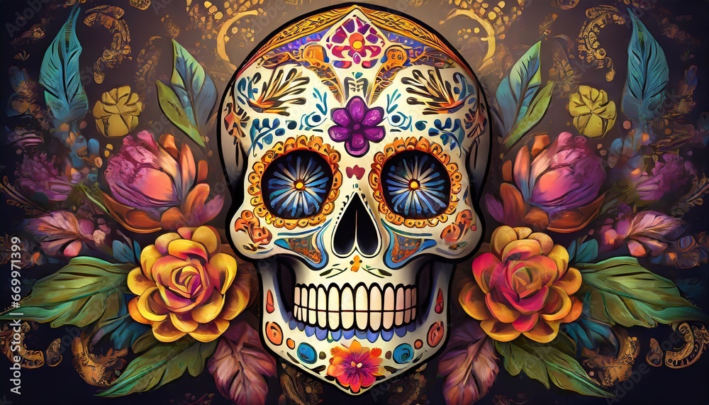 a sugar skull intertwined with intricate floral ornaments