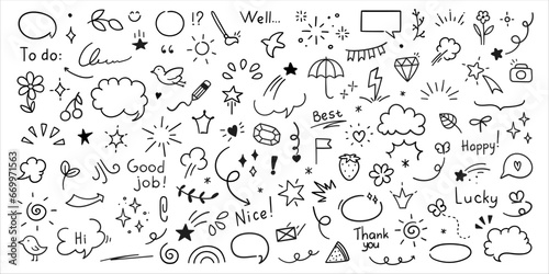 Cute Doodle pen line elements. Heart, bubble, doodle, arrow, star, icon, shiny ornaments set. Simple drawing in line style sketch, attention, lettering, text, pattern elements. Vector illustration.