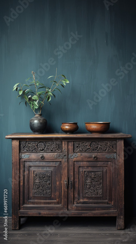 Intricate Carvings on Wooden Cabinet against Concrete