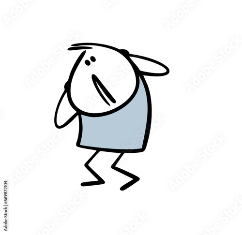 Little stickman boy got scared, covered ears with hands and hides. Vector illustration of poor guy running from psychological attack of loud sounds. Cartoon character isolated on white.