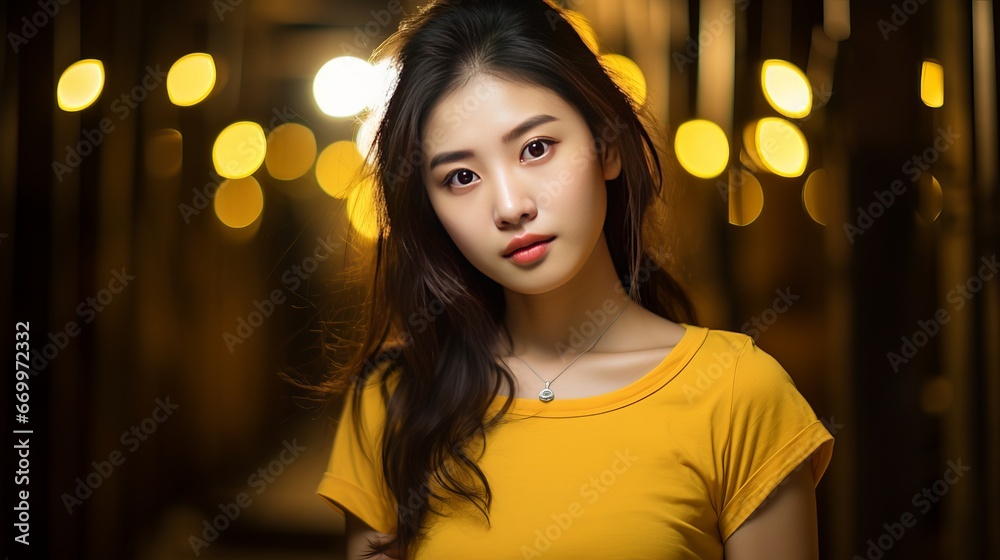Near up representation of a youthful, excellent, fragile highlighted elfin Chinese Asian young lady show. She is wearing a yellow tee and standing against a dark foundation of court columns.