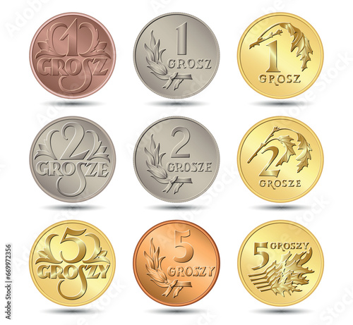 Set of Polish coin. One coin, two coin, five coin. Vector illustration.