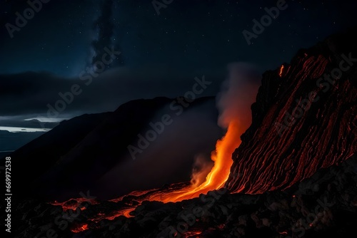 Document the raw, powerful beauty of molten lava flowing from a volcano against the dark night sky, emphasizing the intensity and heat of the scene