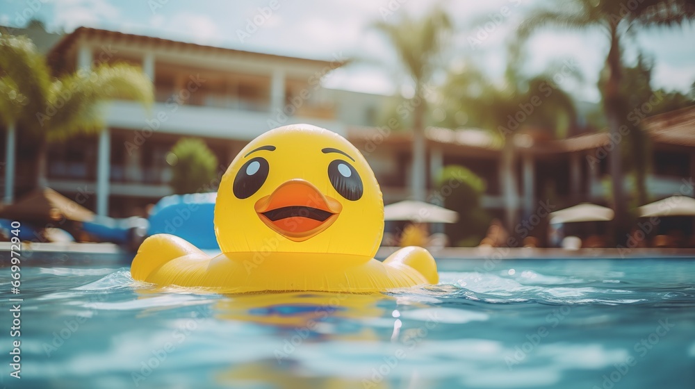 Representation youthful asian lady on inflatable drift yellow duck around open air swimming pool in inn and resort for occasion get-away concept Representation youthful asian lady on inflatable drift yellow duck around open air swimming pool in inn and resort for occasion get-away concept