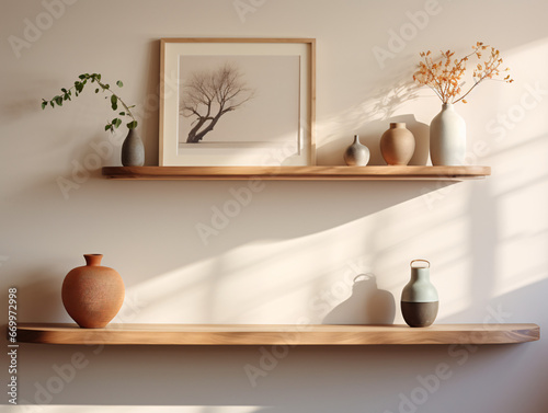 Matte Wood Floating Shelf with Panoramic Frames and a Cylinder
