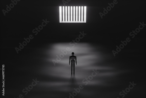 Concept of prison, imprisonment, deprivation of liberty. The puppet stands in front of a window with bars through which light breaks through. Copy space, 3D illustration, 3D render. © Aliaksandr Marko