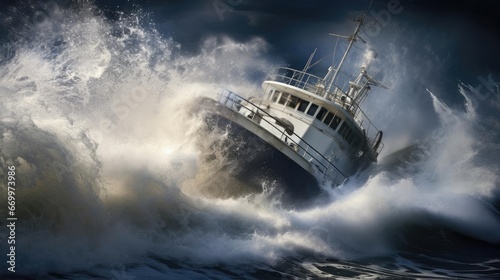 A small ship is covered by a wave during a storm at sea