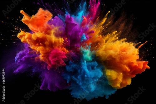 Vibrant holi paint explosion with colorful rainbow splashes on black background. Generative AI